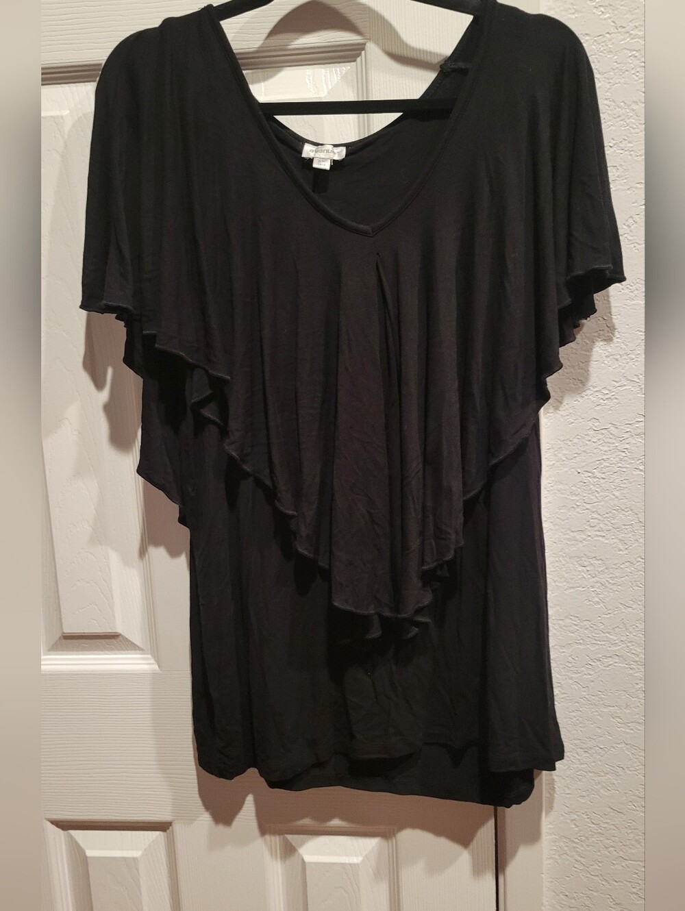 Avenue Black Draped Ruffle V-Neck Tunic